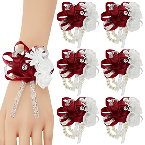 Meldel Wine Red Wrist Corsage for Prom 6pcs Burgundy Rose Wrist Corsages for Wedding Bridal Bridesmaid Girl Women Hand Flower for Wedding Party Homecoming Ceremony Anniversary Prom Flower Corsages