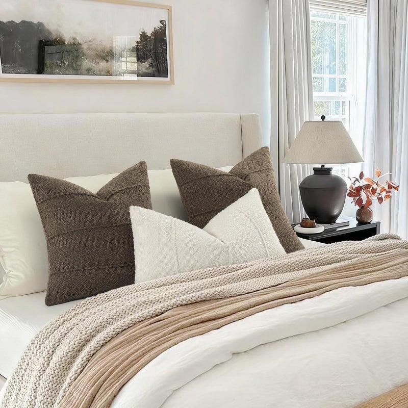 YCOLL Textured Boucle Throw Pillow Covers 20x20 Pack of 2 - Soft Neutral Striped Cushion Covers, Cozy Accent Decorative Pillow Covers for Couch, Sofa, Bed, Living Room (Brown) - Image 4