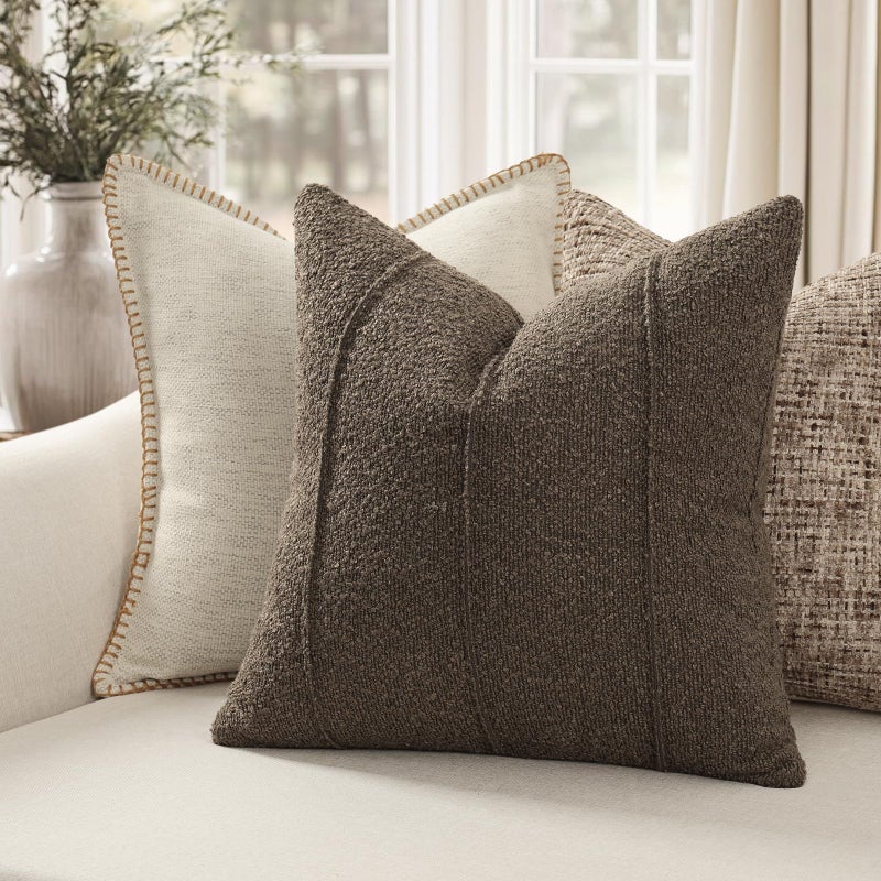 YCOLL Textured Boucle Throw Pillow Covers 20x20 Pack of 2 - Soft Neutral Striped Cushion Covers, Cozy Accent Decorative Pillow Covers for Couch, Sofa, Bed, Living Room (Brown) - Image 2