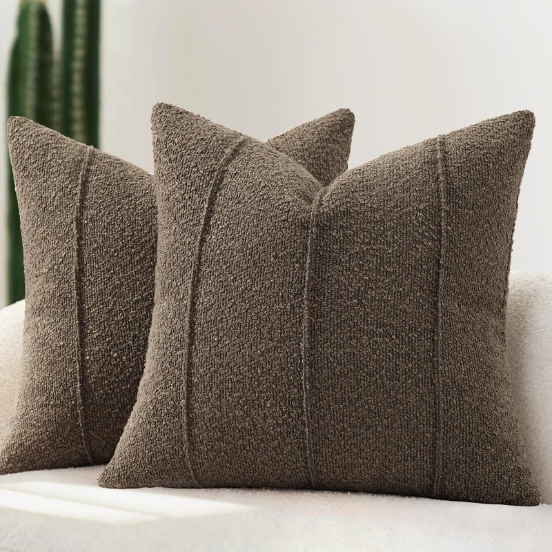 YCOLL Textured Boucle Throw Pillow Covers 20x20 Pack of 2 - Soft Neutral Striped Cushion Covers, Cozy Accent Decorative Pillow Covers for Couch, Sofa, Bed, Living Room (Brown) - Image 1