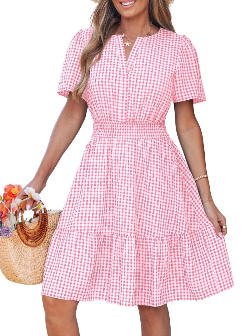 popvil Women Summer Mini Gingham Dress 2026 Spring A Line Casual Sun Dress Short Sleeve Beach Vacation Boho V Neck Short Dress Wedding Guest(Pink,Medium) - Image 1