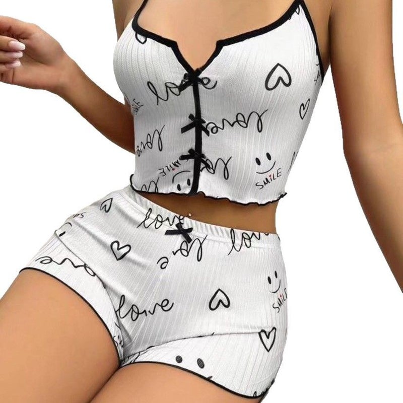 Women's Sexy Sleepwear Set Heart Pattern Ribbed Print Front Slit Camisole Pajama Set - Image 4