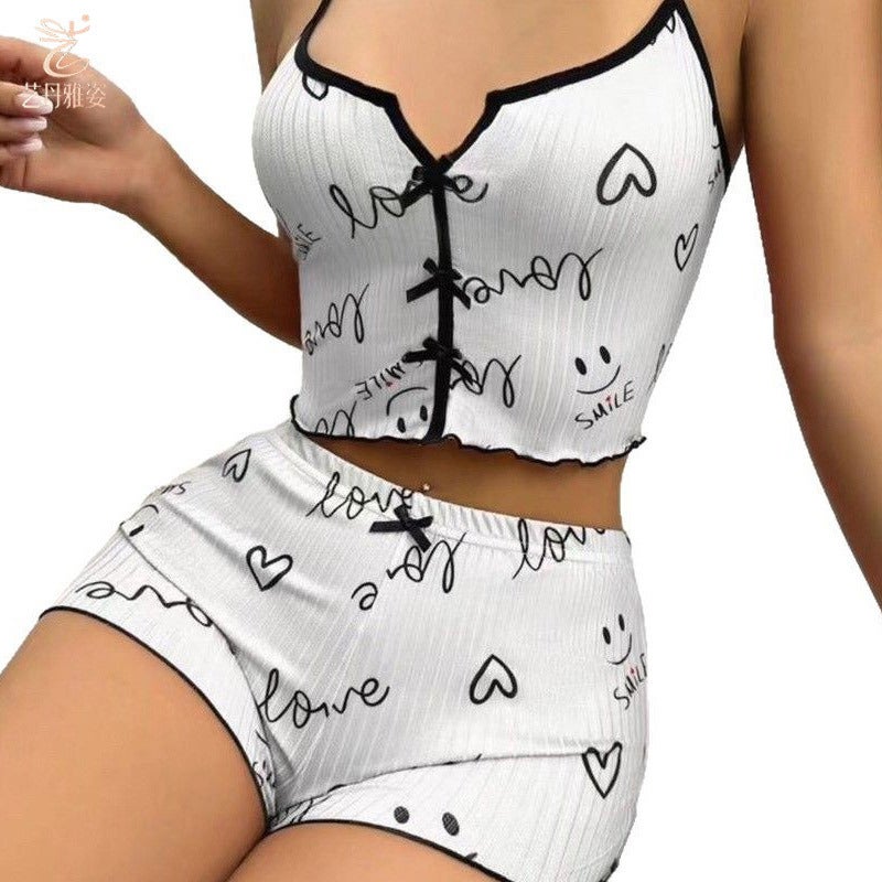 Women's Sexy Sleepwear Set Heart Pattern Ribbed Print Front Slit Camisole Pajama Set - Image 1