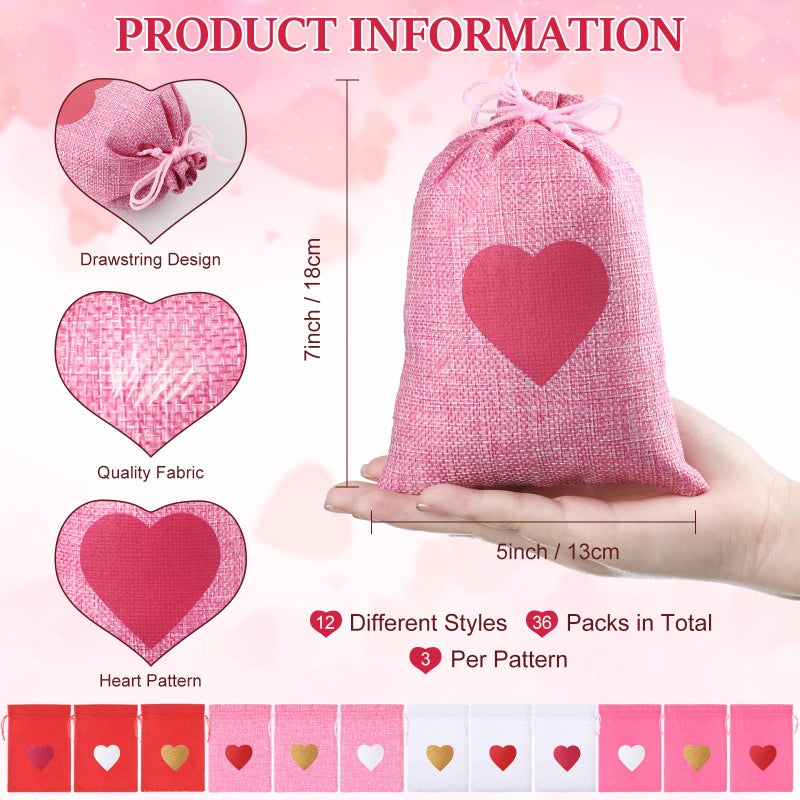 Locmeo 36 Pcs Valentine's Day Burlap Gift Bags with Drawstring Heart Burlap Bags Mini Valentines Present Pouch for Wedding Baby Shower Party Favors DIY Craft(Classic Colors,5 x 7 Inch) - Image 2