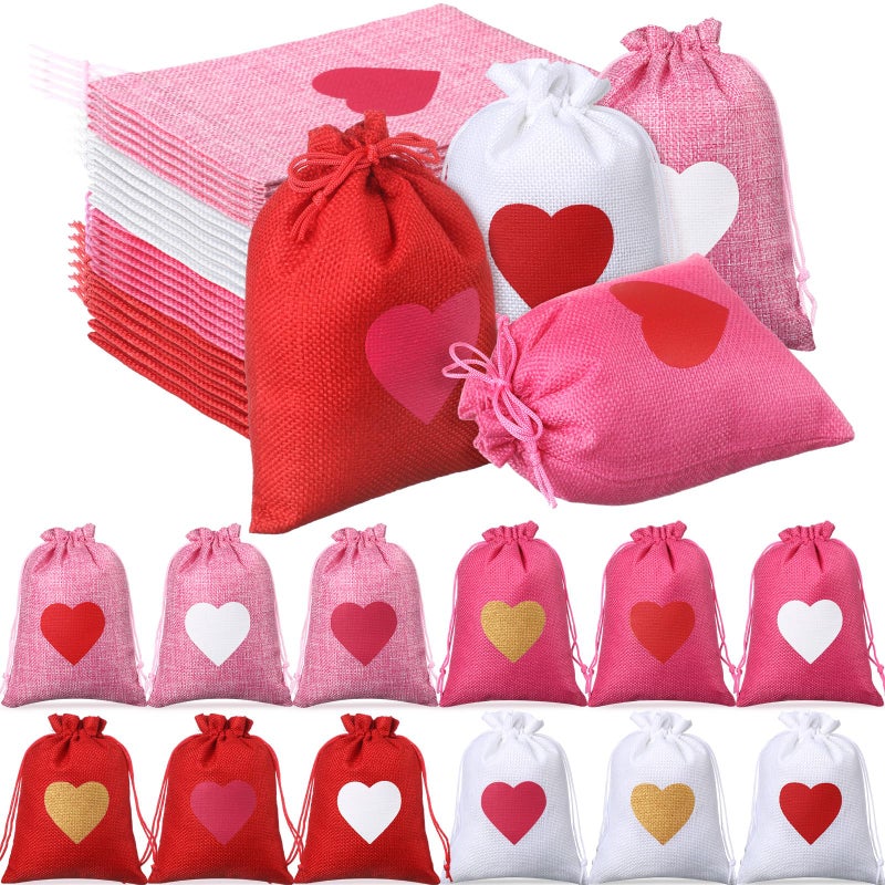 Locmeo 36 Pcs Valentine's Day Burlap Gift Bags with Drawstring Heart Burlap Bags Mini Valentines Present Pouch for Wedding Baby Shower Party Favors DIY Craft(Classic Colors,5 x 7 Inch) - Image 1