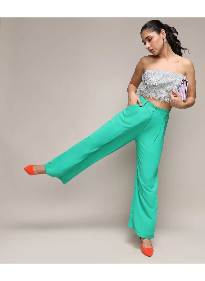 Campus Sutra Women's Aqua Green Straight Fit Tailored Trousers