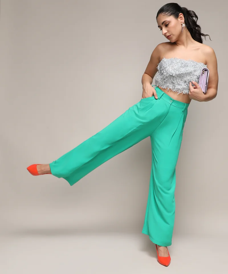 Campus Sutra Women's Aqua Green Straight Fit Tailored Trousers