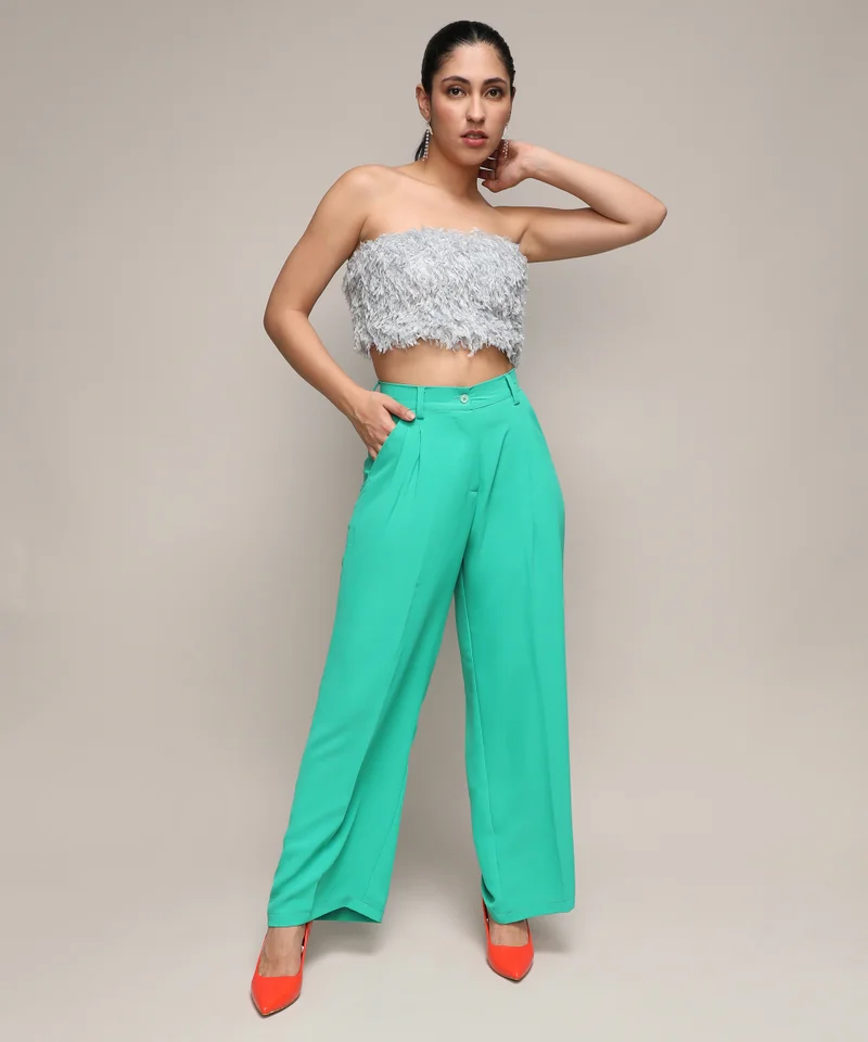Campus Sutra Women's Aqua Green Straight Fit Tailored Trousers