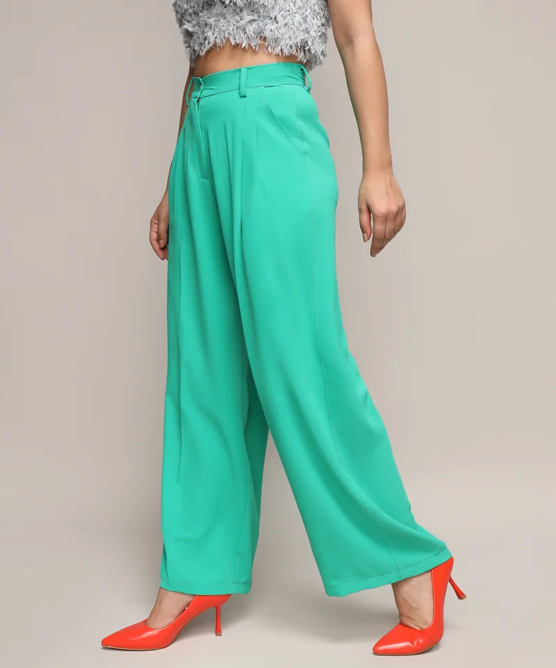 Campus Sutra Women's Aqua Green Straight Fit Tailored Trousers