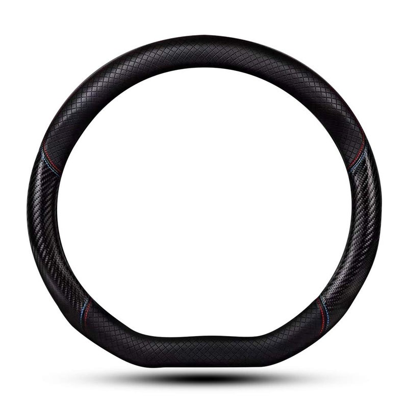 Car Carbon Fiber and Leather DShape Steering Wheel Cover Stylish car NonSlip Leather car Interior 15 inches Universal Red and Blue