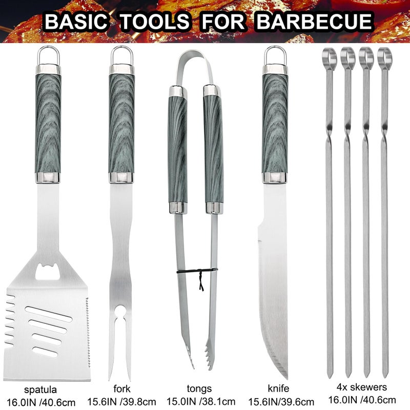 grilljoy 24PCS BBQ Grill Tools Set with Meat Thermometer and Injector - Extra Thick Stainless Steel Fork, Spatula& Tongs - Complete BBQ Accessories in Aluminum Case - Perfect Grill Gifts for Men Grey - Image 2
