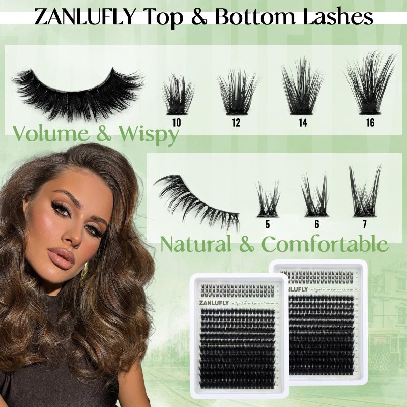 zanlufly Volume Lash Clusters with 5-7MM Bottom Lashes D-curly Eyelash Clusters Wispy Lash Extension 300Pcs Individual Lashes Thin Band Cluster Eyelash Extension 10-16MM Cluster Lashes DIY at Home by ZANLUFLY - Image 2