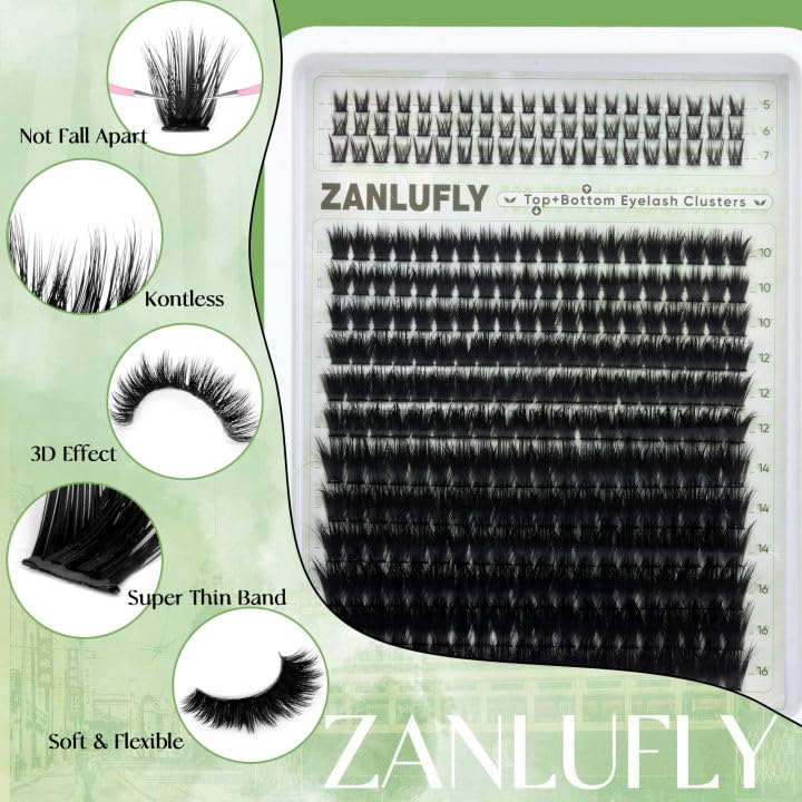 zanlufly Volume Lash Clusters with 5-7MM Bottom Lashes D-curly Eyelash Clusters Wispy Lash Extension 300Pcs Individual Lashes Thin Band Cluster Eyelash Extension 10-16MM Cluster Lashes DIY at Home by ZANLUFLY - Image 3