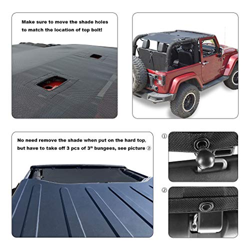 Shadeidea JK Sun Shade Top Compatible with Jeep Wrangler JKU Top Sunshade Soft Mesh Roof Cover (2007-2018)- Wind Noise UV Blocker -10 Year Warranty -2 Door -Black -Front&Rear (1 Piece) - Image 3