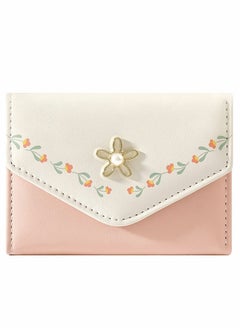 Women Girls Wallet, Cute Flower Tri-Fold Wallet PU Leather Purse Slim Short Small Trifold Cash Card Holder Bag (Pink)
