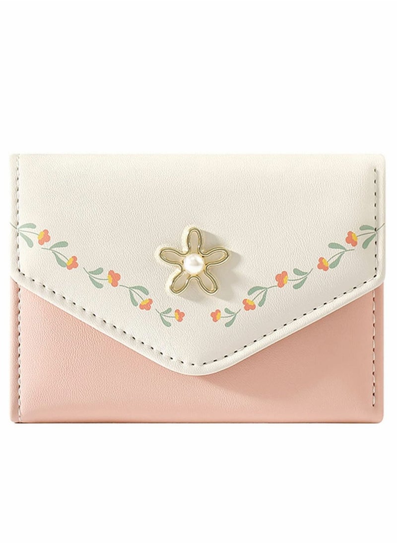 Y&D - Women Girls Wallet, Cute Flower Tri-Fold Wallet PU Leather Purse Slim Short Small Trifold Cash Card Holder Bag (Pink) - Image 1