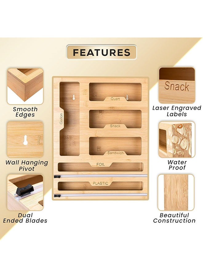 Arabest 6 In 1 Cling Bag Organizer And Cling Film Dispenser With Cutter Bamboo Foil And Cling Film Organizer For Kitchen Drawers Cling Bag Storage for Nuts Spices Sandwiches Snacks  - Image 2