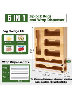 Arabest 6 In 1 Cling Bag Organizer And Cling Film Dispenser With Cutter Bamboo Foil And Cling Film Organizer For Kitchen Drawers Cling Bag Storage for Nuts Spices Sandwiches Snacks  - Image 3