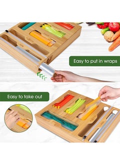 Arabest 6 In 1 Cling Bag Organizer And Cling Film Dispenser With Cutter Bamboo Foil And Cling Film Organizer For Kitchen Drawers Cling Bag Storage for Nuts Spices Sandwiches Snacks  - Image 4