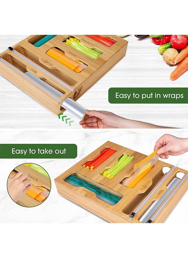 Arabest 6 In 1 Cling Bag Organizer And Cling Film Dispenser With Cutter Bamboo Foil And Cling Film Organizer For Kitchen Drawers Cling Bag Storage for Nuts Spices Sandwiches Snacks  - Image 4