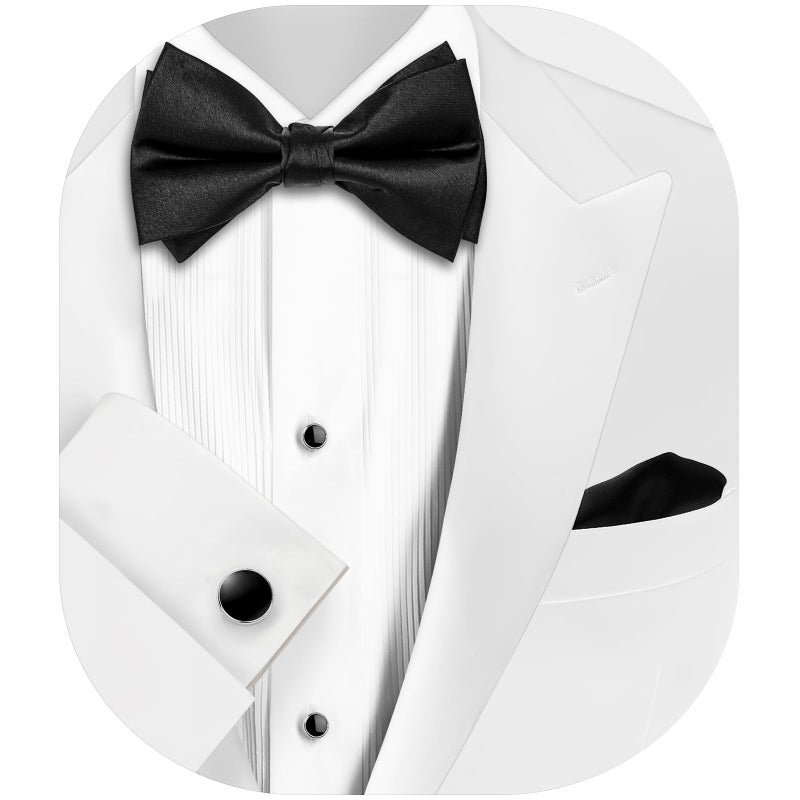 HAWSON Black Bow Ties Pocket Square Set with Cufflinks and Studs,Men's Adjustable Pre-Tied Silk Tuxedo Bow tie for Wedding. - Image 1