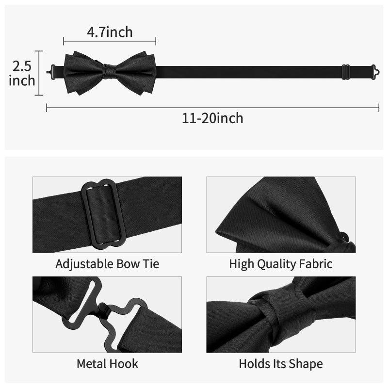 HAWSON Black Bow Ties Pocket Square Set with Cufflinks and Studs,Men's Adjustable Pre-Tied Silk Tuxedo Bow tie for Wedding. - Image 2