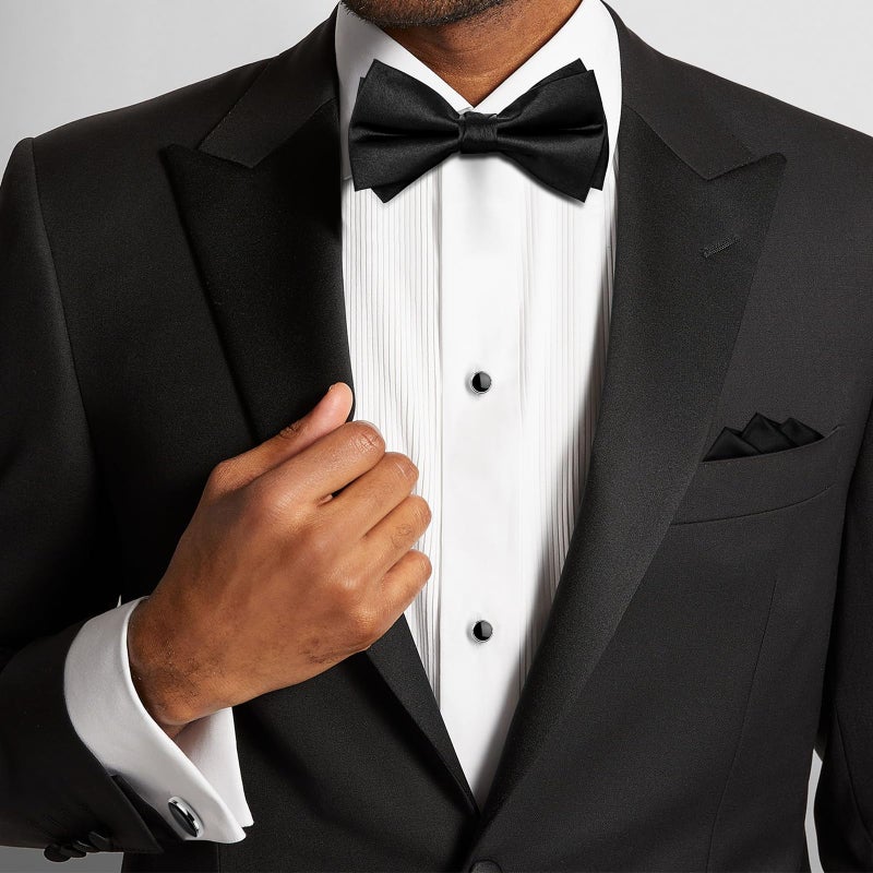 HAWSON Black Bow Ties Pocket Square Set with Cufflinks and Studs,Men's Adjustable Pre-Tied Silk Tuxedo Bow tie for Wedding. - Image 4