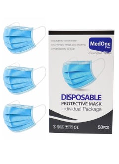 MedOne 50-Pieces 3 Ply Disposable Blue Face Mask For Adults Individually Packed  - Image 1