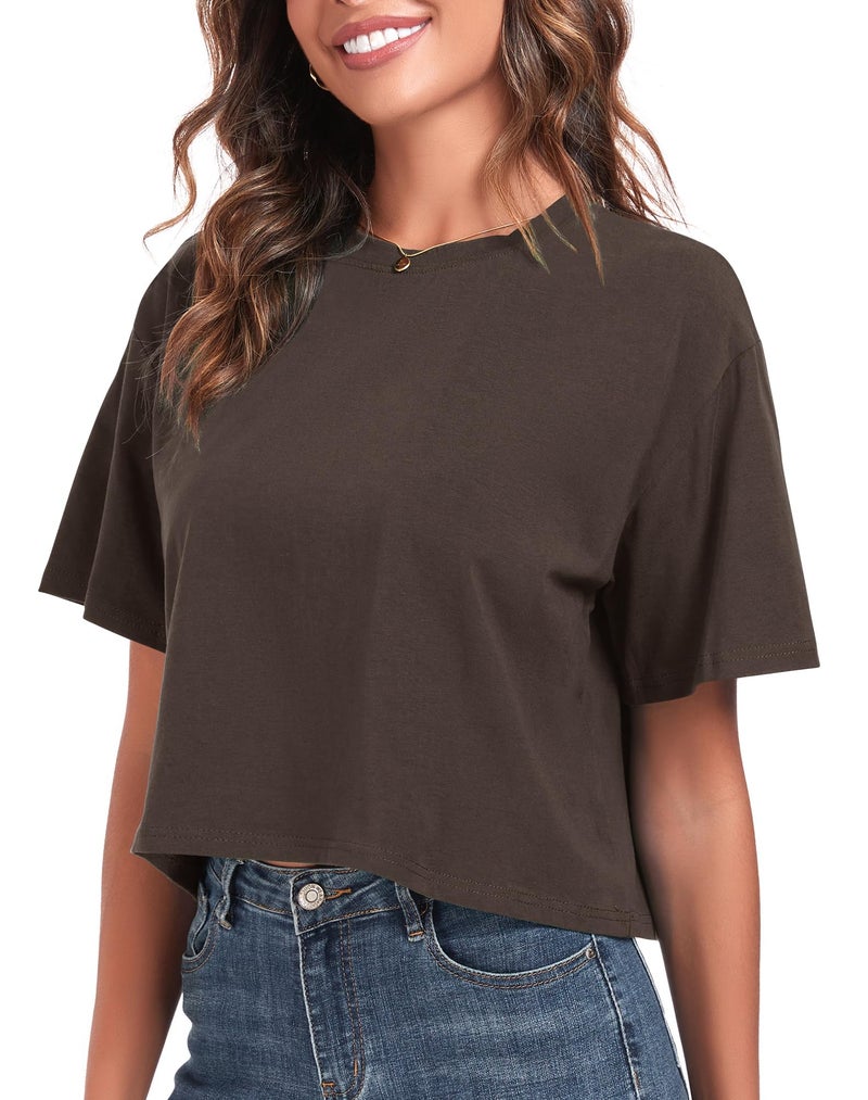 PRIMODA Women's Oversized Workout Cropped T Shirts Crew Neck Short Sleeve Casual Loose Summer Crop Tee Tops Cotton(Brown S) - Image 2
