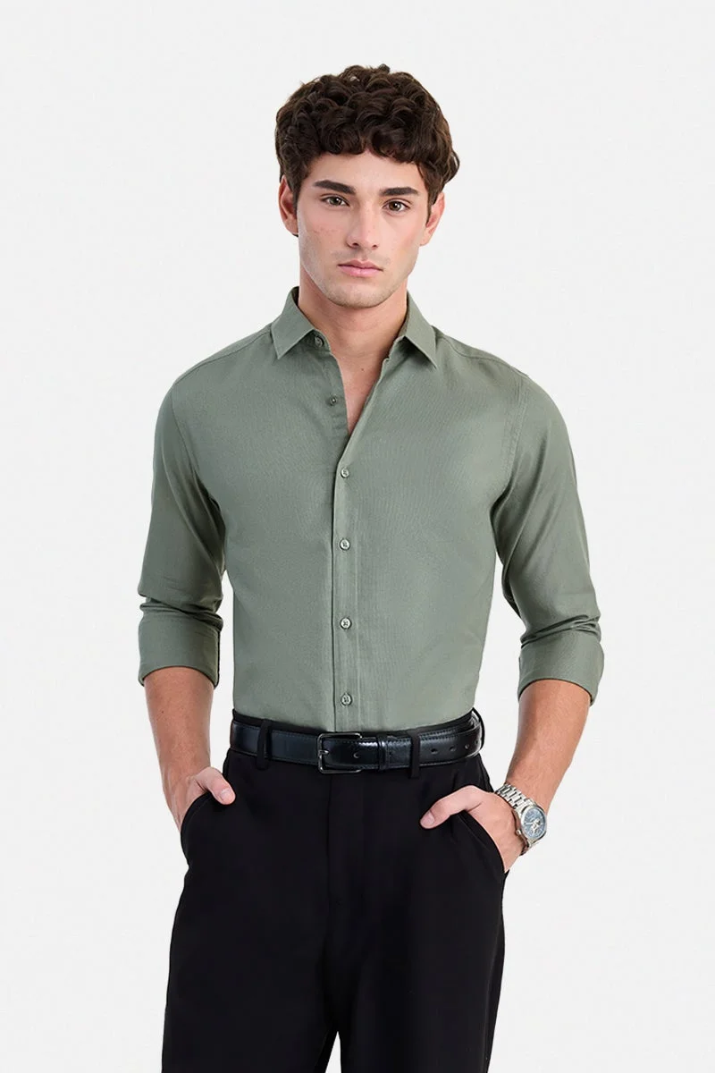 سنيتش Olive Solid Long Sleeve Slim Fit Formal Shirt