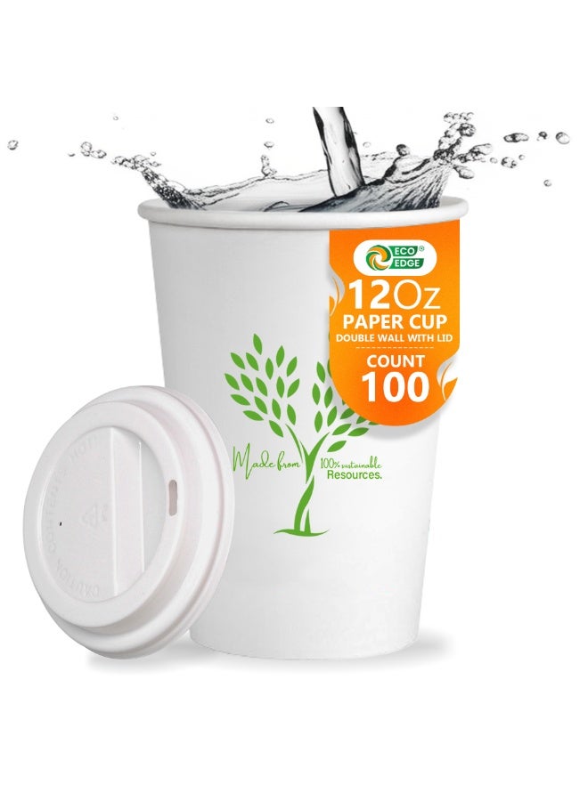 EcoEdge 12 Oz Disposable Heavy-Duty Corrugated Paper Cups with Lid (Pack of 100) | For Latte, Tea, Juice | Elegant, Premium, Sturdy | For Hotels, Offices, Home, Events | Daily Use | 100% Biodegradable - Image 2