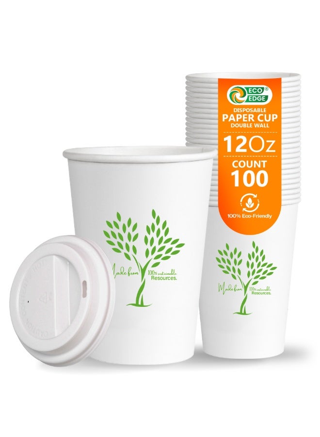 EcoEdge 12 Oz Disposable Heavy-Duty Corrugated Paper Cups with Lid (Pack of 100) | For Latte, Tea, Juice | Elegant, Premium, Sturdy | For Hotels, Offices, Home, Events | Daily Use | 100% Biodegradable - Image 1