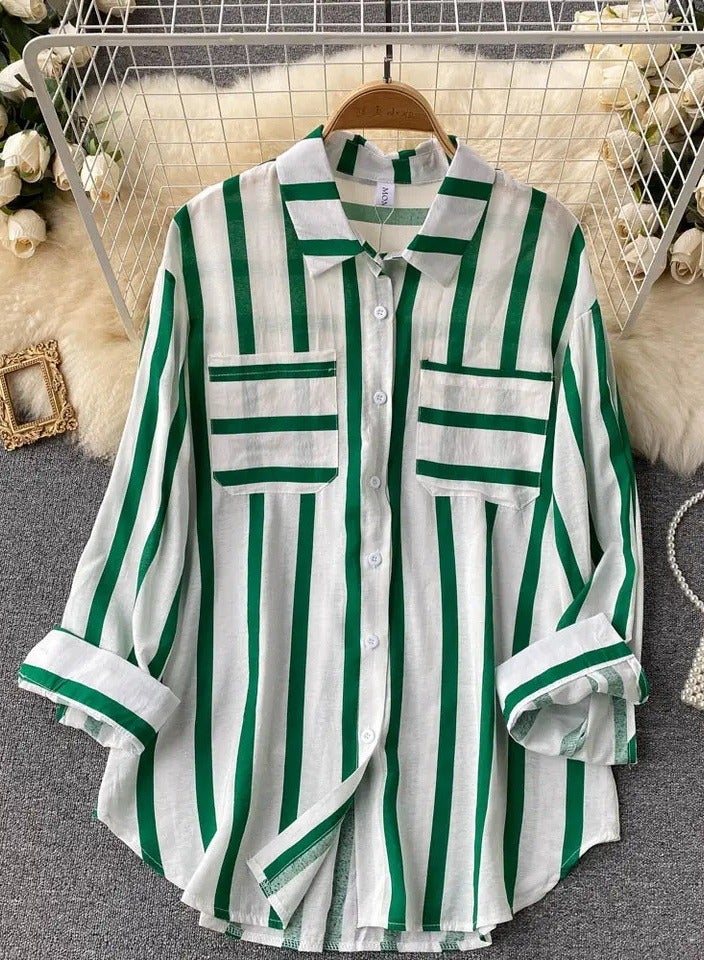 Loquat Women's Striped Button Down Shirts Casual Long Sleeve Stylish Blouses Tops with Pockets Green Stripes 