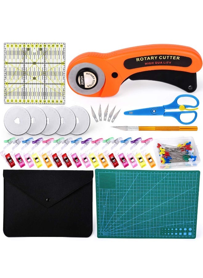 111 قطعة مجموعة قاطع دوار، مجموعة أدوات قاطع دوار 45 مم مع 5 شفرات إضافية، حصيرة قص، مسطرة رقصية، سكين نحت، كيس تخزين، قمصان خياطة، أدوات كاملة للخياطة والتطريز (ب) - Image 1