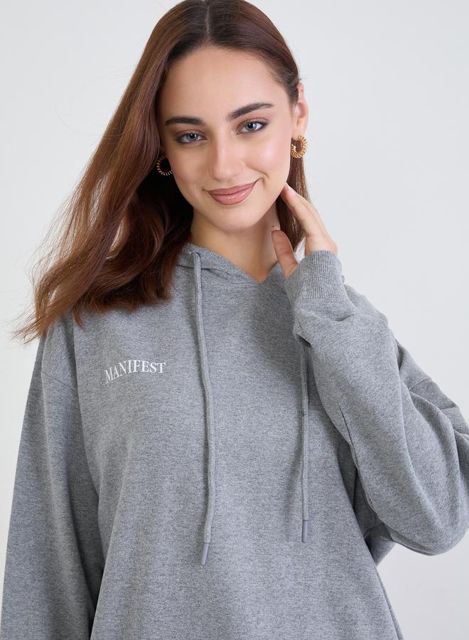 Styli Grey Oversized Longline Slogan Hoodie - Image 4