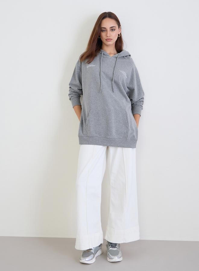 Styli Grey Oversized Longline Slogan Hoodie - Image 2