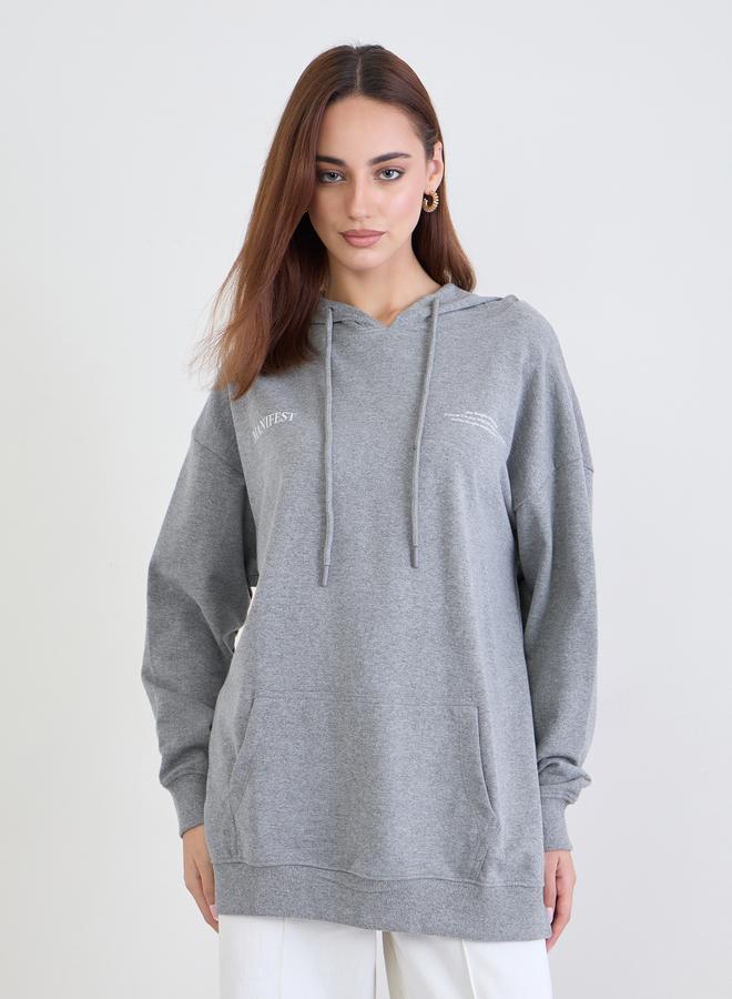 Styli Grey Oversized Longline Slogan Hoodie - Image 3