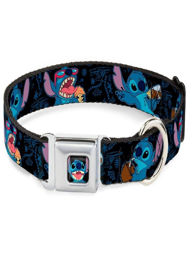 Buckle Down Dog Collar Seatbelt Buckle Stitch Snacking Poses Black Blue 16 to 23 Inches 1.5 Inch Wide - Image 1