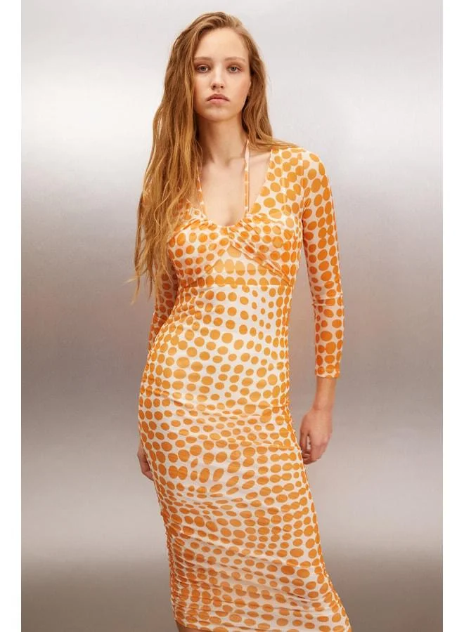 Ethiquet ANATOLA Women's Tulle Mesh Polka Dot Dress with Neck Tie in Orange/Patterned.