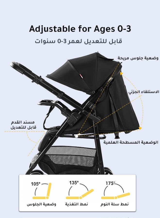 الأورلار عربة أطفال قابلة للطي بتحويل ثنائي الاتجاه، طي بلمسة واحدة، قابلة للتعديل من الأمام والخلف، مزودة بطاولة طعام، وزاوية قابلة للتعديل. - Image 3