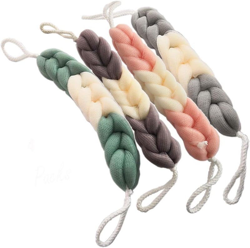 AARainbow 4 Packs Long Stretch Back Sponge with Rope Handles Back Scrubber Bath Shower Mesh Sponge Exfoliating Body Scrub Stretch Braided Loofah for Men and Women (B-1 Grey+1 Green+1 Pink+1 Coffee) - Image 1