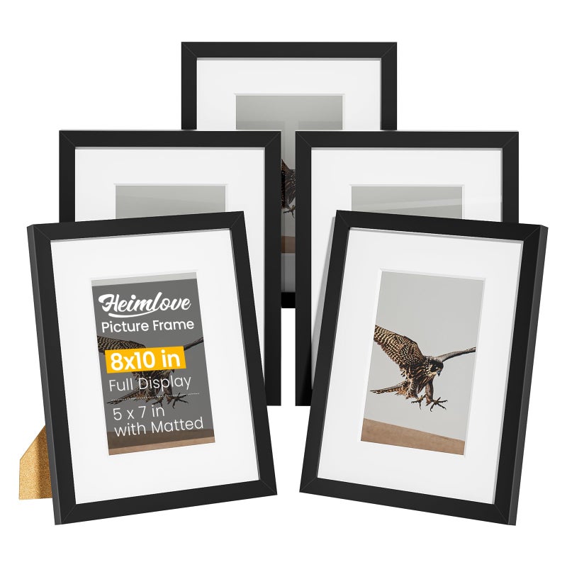 Heimlove 8x10 إطارات الصور مع حصيرة لعرض مجموعة صور 5 × 7 من 5 إطار صور بلاستيكي سوداء للحصول على شهادة دبلوم الملصق ووثائق مع ديكور منضدة وجدار - Image 1