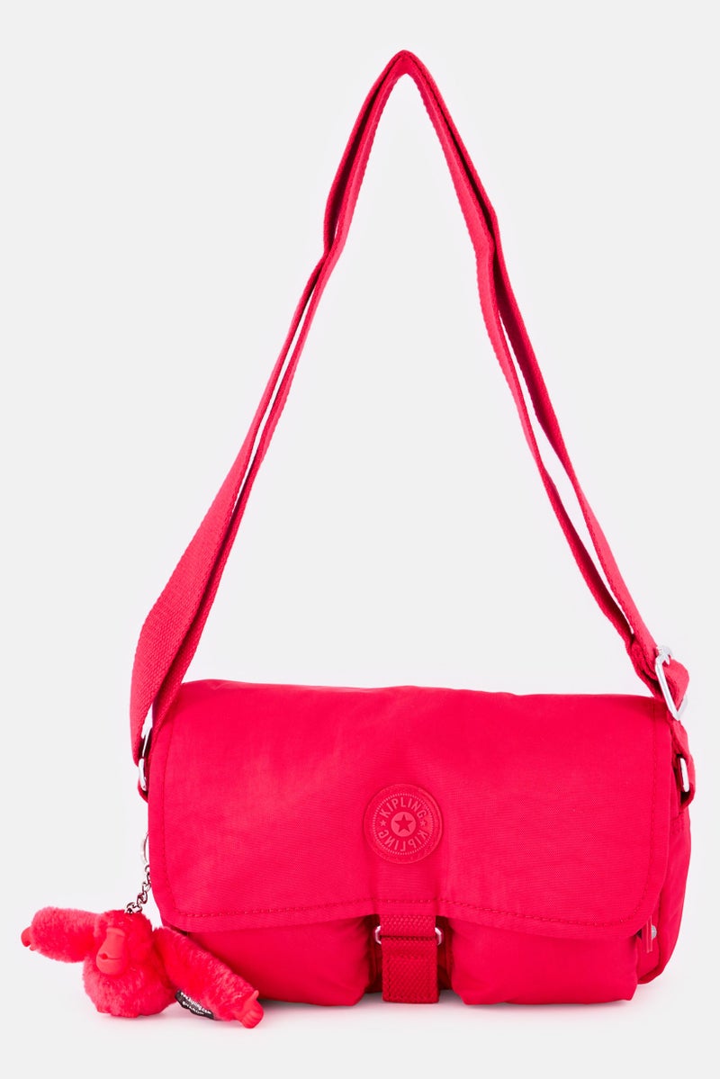 kipling حقيبة كتف نسائية بشعار العلامة التجارية مع حلقة مفاتيح، وردي فوشيا - Image 1