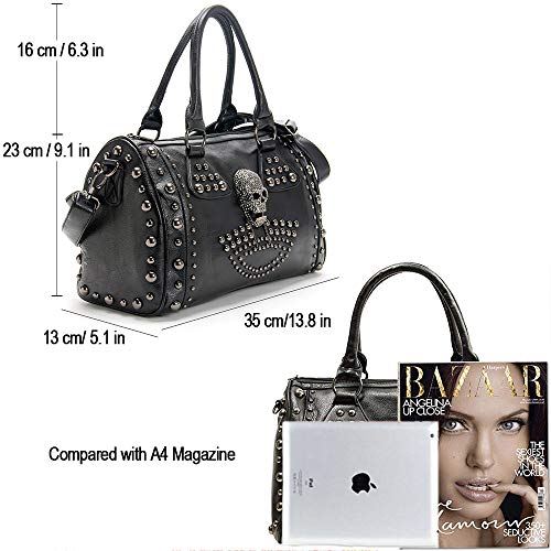 AlwaySky Women Skull Handbag Tote Purse Large Capacity Gothic Shoulder Bag with Strap Studded Doctor Handbag, Black - Image 4
