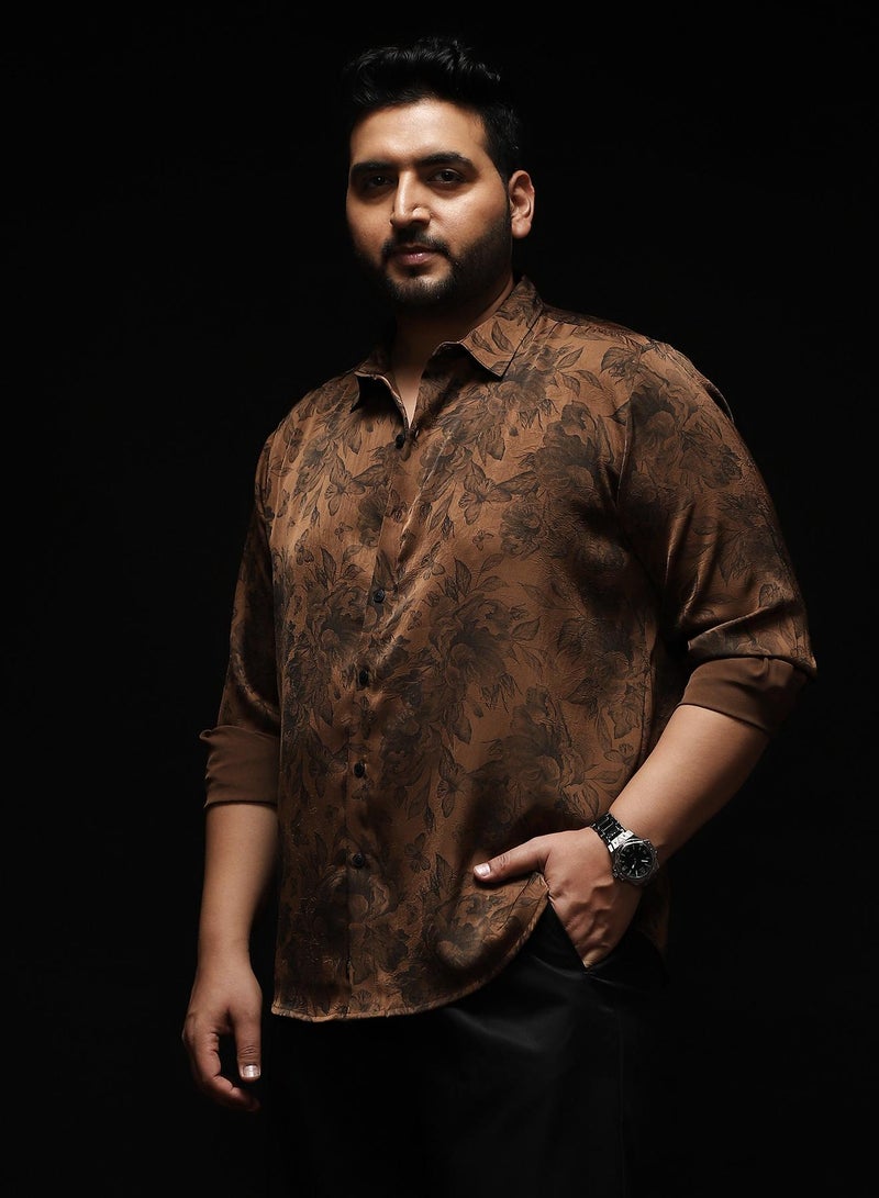 Instafab Plus Men's Chocolate Brown Papillon-Garden Imprint Shirt | Spread Collar , Long Cuffed Sleeves , Button Closure , Curved Hemline | Botanical-Print Plain Polyester For Street & Casual Wear - Image 3