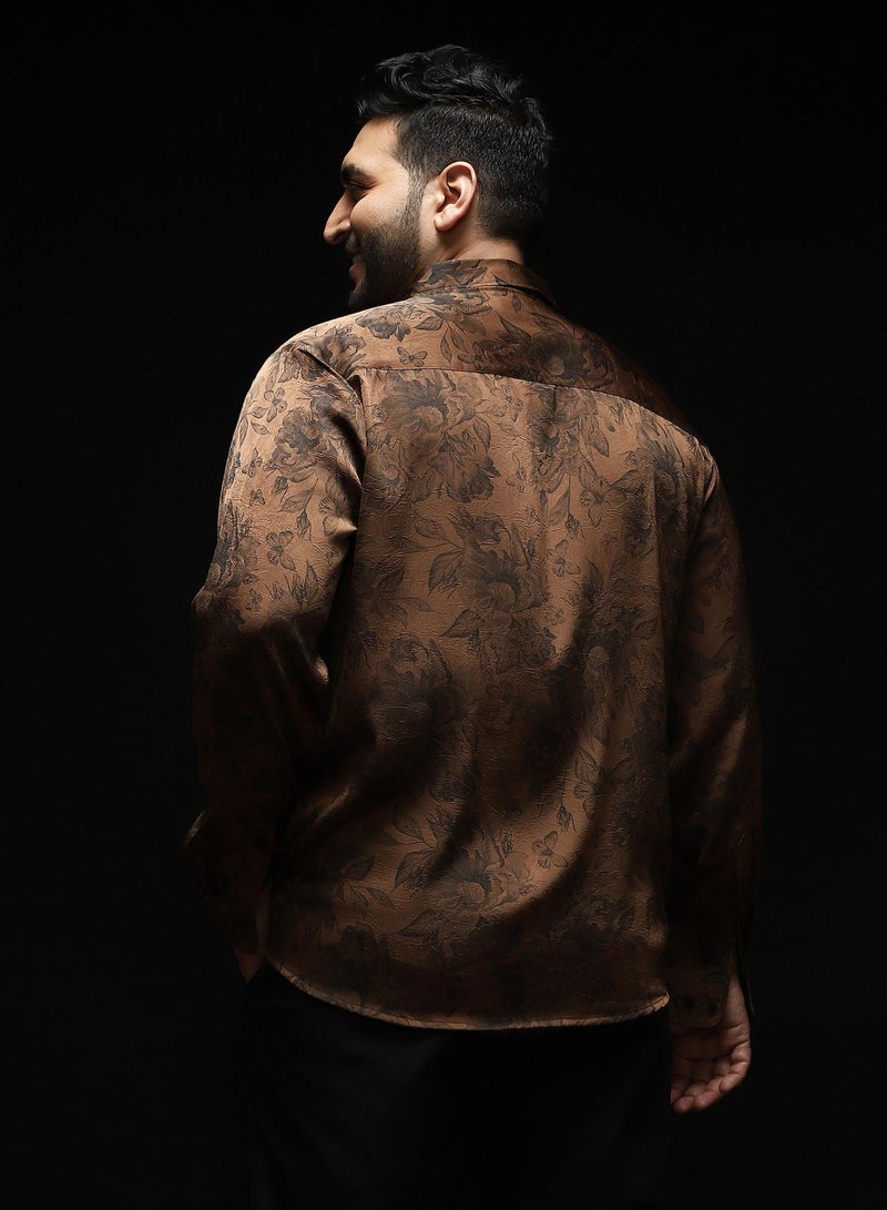 Instafab Plus Men's Chocolate Brown Papillon-Garden Imprint Shirt | Spread Collar , Long Cuffed Sleeves , Button Closure , Curved Hemline | Botanical-Print Plain Polyester For Street & Casual Wear - Image 5