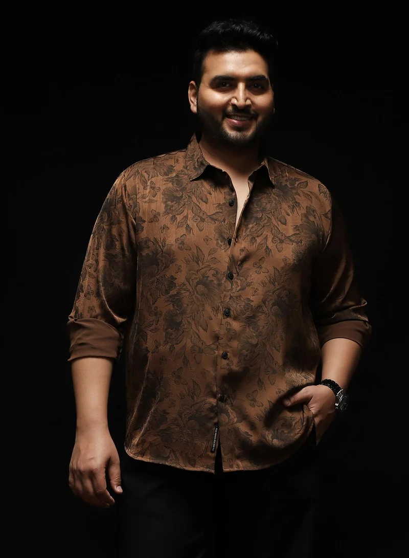 Instafab Plus Instafab Plus Men's Chocolate Brown Papillon-Garden Imprint Shirt | Spread Collar , Long Cuffed Sleeves , Button Closure , Curved Hemline | Botanical-Print Plain Polyester For Street & Casual Wear