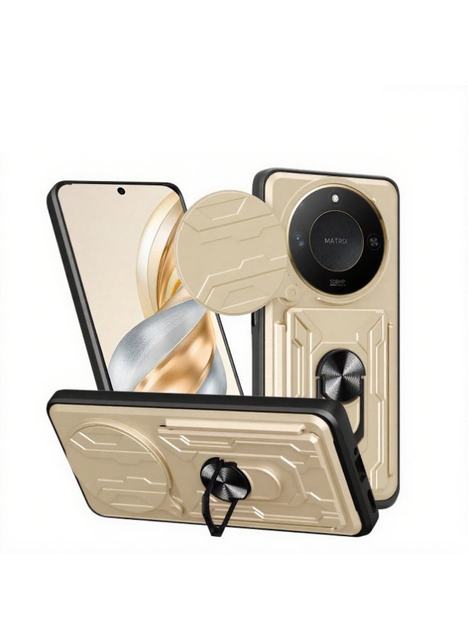 Shunjia Sliding Window Case, Shockproof Rugged Armor with Sliding Camera Cover & 360° Ring Kickstand, Compatible with Honor X9c Smart (Gold)