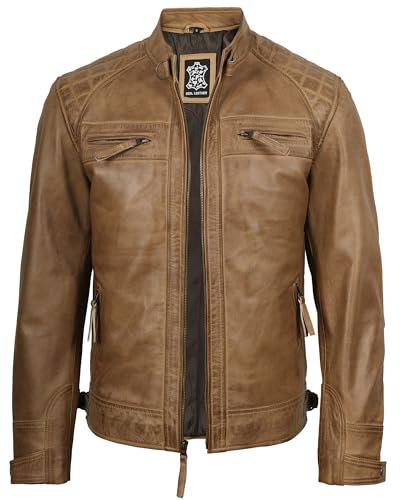 fjackets Real Lambskin Leather Biker Jacket — Quilted Cafe Racer Zip Up Moto Leather Jacket Men | [1103173] Diamond1 Camel, M - Image 2