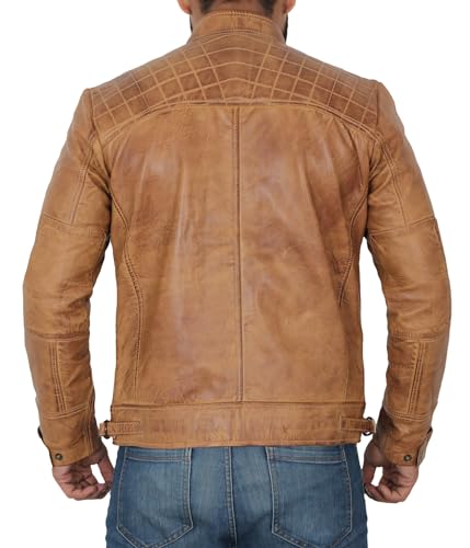 fjackets Real Lambskin Leather Biker Jacket — Quilted Cafe Racer Zip Up Moto Leather Jacket Men | [1103173] Diamond1 Camel, M - Image 5